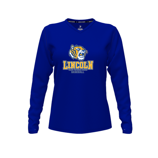 [CUS-DFW-TEES-CMF-VNK-LSL-RYL-FYXS-LOGO1] Decker Comfort T-Shirt (Female Youth XS, Royal, V Neck, Logo 1, Long Sleeve)