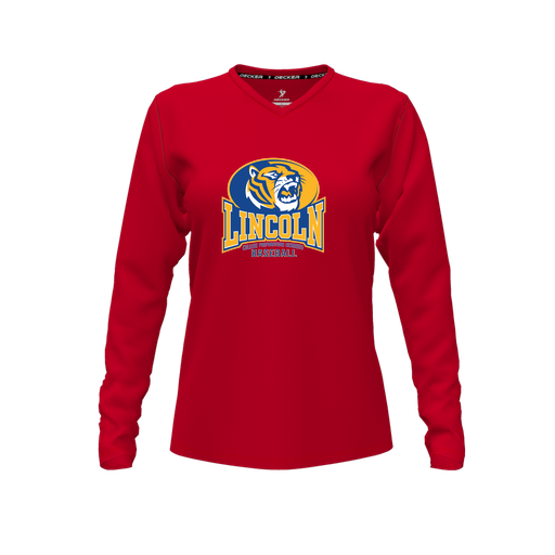 [CUS-DFW-TEES-CMF-VNK-LSL-RED-FYXS-LOGO3] Decker Comfort T-Shirt (Female Youth XS, Red, V Neck, Logo 3, Long Sleeve)