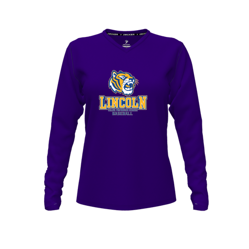 [CUS-DFW-TEES-PER-VNK-LSL-PUR-FYXS-LOGO1] Decker Performance T-Shirt (Female Youth XS, Purple, V Neck, Logo 1, Long Sleeve)