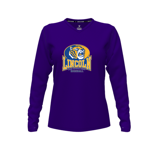 [CUS-DFW-TEES-PER-VNK-LSL-PUR-FYXS-LOGO3] Decker Performance T-Shirt (Female Youth XS, Purple, V Neck, Logo 3, Long Sleeve)